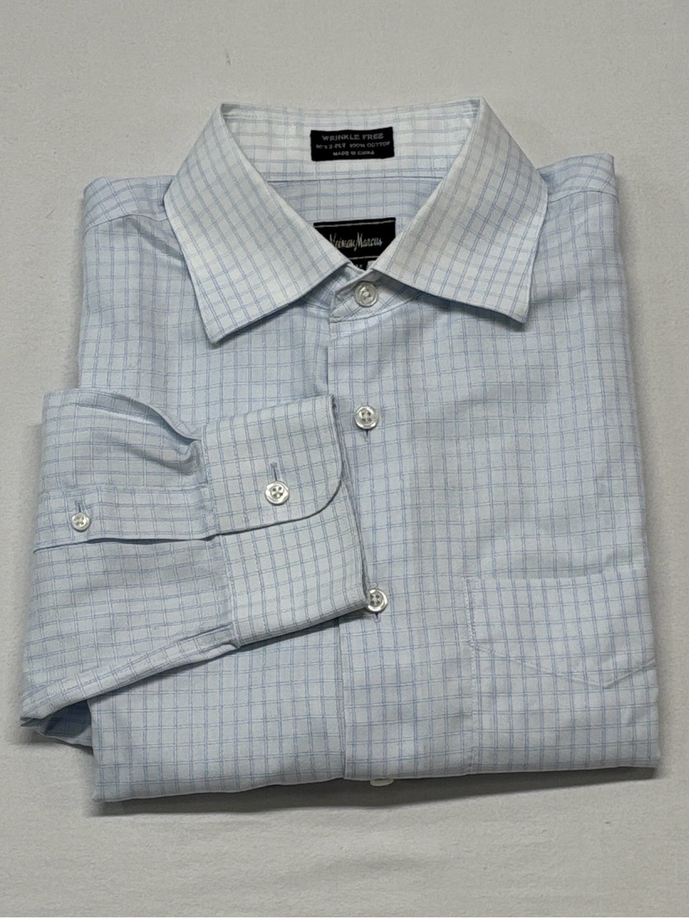 Neiman Marcus Light Blue Checked Dress Shirt 100% cotton 215 work party trendy